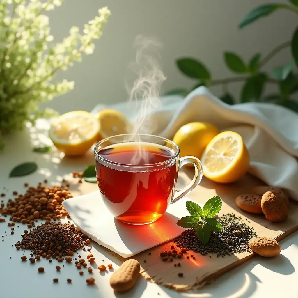 Gyógynövény tea csésze, háttérben szív egészségét szimbolizáló motívumokkal.